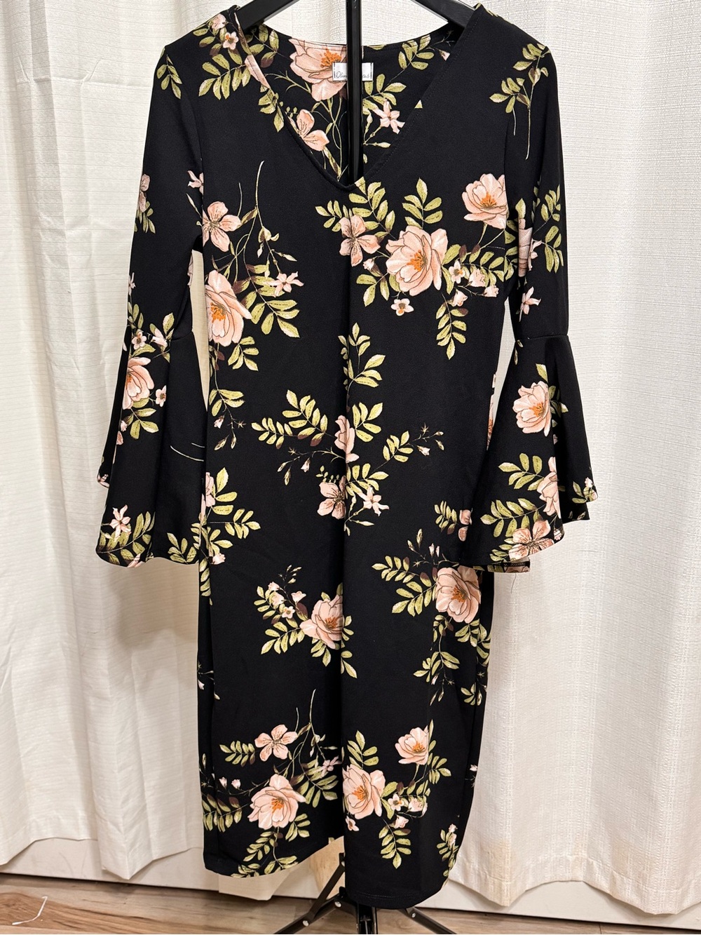 Olivia Matthews Black Floral Dress with Pink Blossoms and Green Leaves
